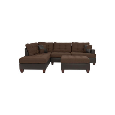 Sectional Sofa Chocolate Polyfiber Cushion Tufted Reversible 3Pc Sectional Sofa