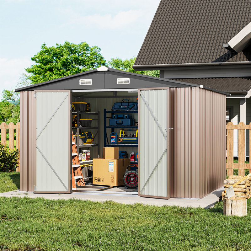 10 Ft. W X 8 Ft. D Metal Storage Shed With Metal Base Frame Kit, Brown, 76.4" H x 120.1" W x 96.7" D