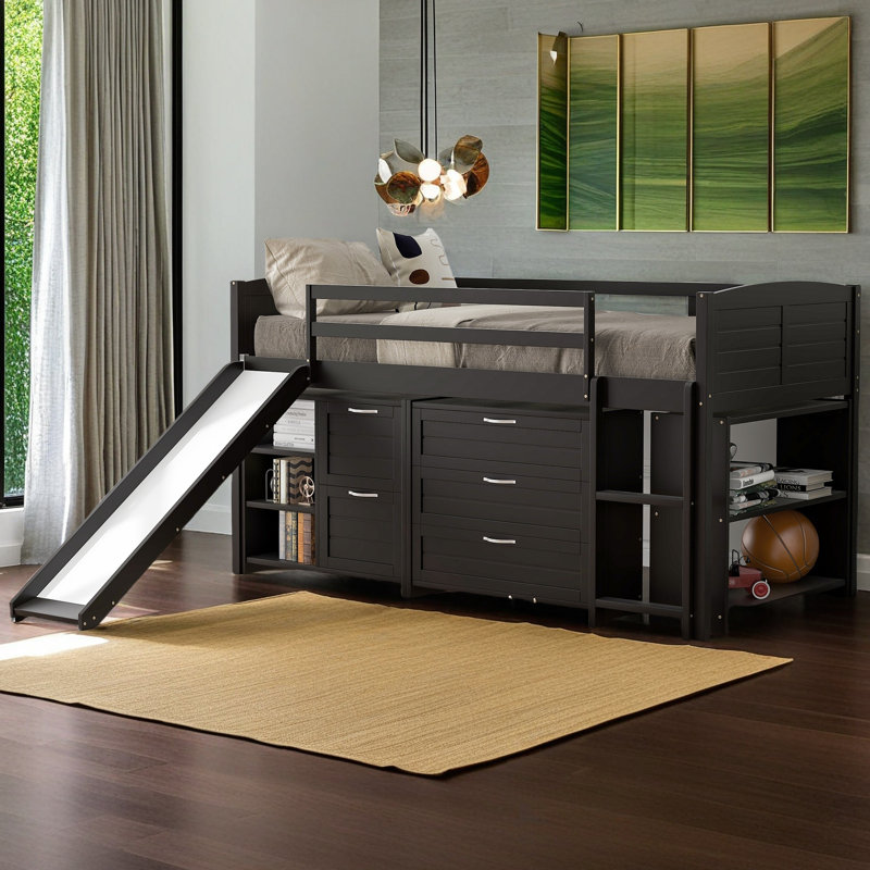 Low Twin Size Loft Bed With Cabinets, Shelves And Slide, Espresso