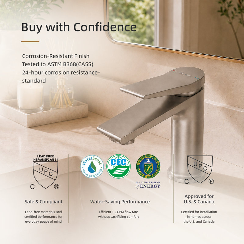 BRAVAT® Single Handle Bathroom Faucet with 6 in. Deck Plate, 1 or 3 Hole, WaterSense 1.2 GPM flow, NEOPERL® aerator, Drip-free cartridge, cUPC, NSF372/61, CEC, DOE Certified, Eon-Brushed Nickel