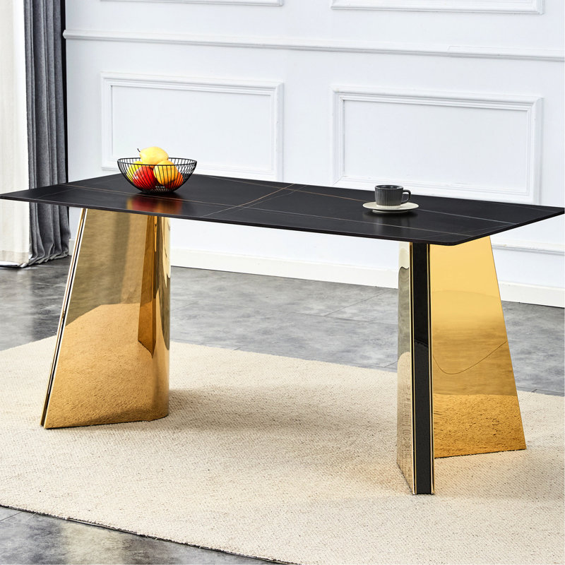 Table rectangulaire avec motif en marbre noir et supports en acier inoxydable doré - Chaleur, finition soignée, cadre en marbre - Pieds de dalle pour la base d'entrée Scratch Stable, look élégant