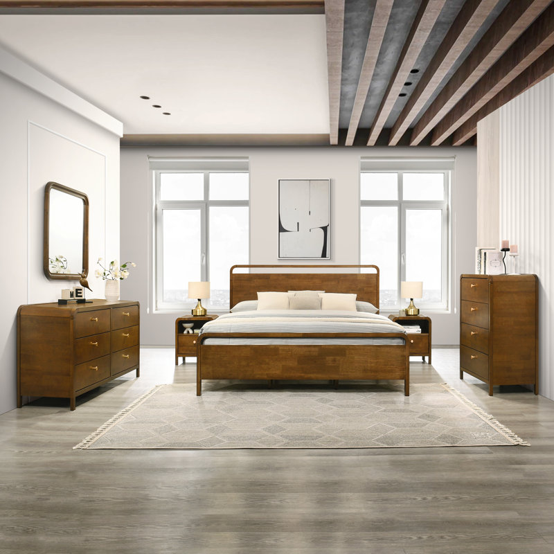 Ensemble de chambre à coucher en bois Ellum, grand lit plateforme avec commode, miroir, deux tables de chevet, commode au fini noyer