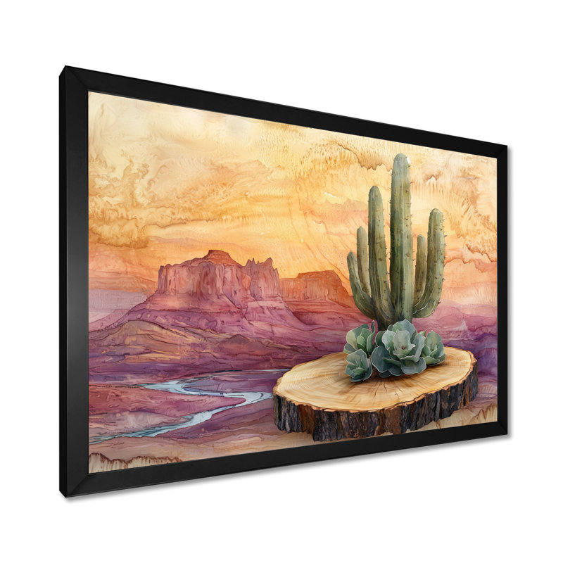Cactus du désert sur un plateau en bois I - Cactus Wall Art, H 34 po x l 44 po, Cadre simple, Noir