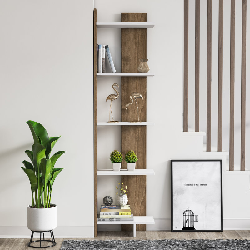 Deddrick Corner Bookcase, White/Walnut, (5 Shelves) 67" H x 18" W x 9" D