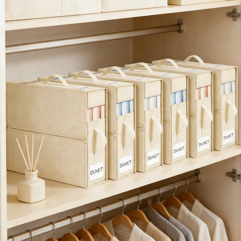 Organisateur de draps et rangement, ensemble de 6 boîtes pliables en lin, Beige