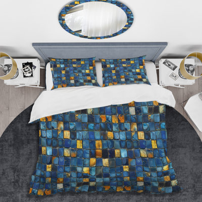 Ensemble de housse de couette moderne bleu et jaune Modern Mosaic Tiles II