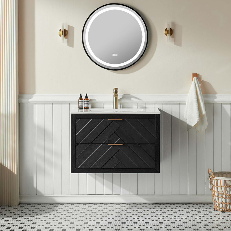 Meuble-lavabo mural simple et flottant 30 po avec lavabo en céramique, Noir