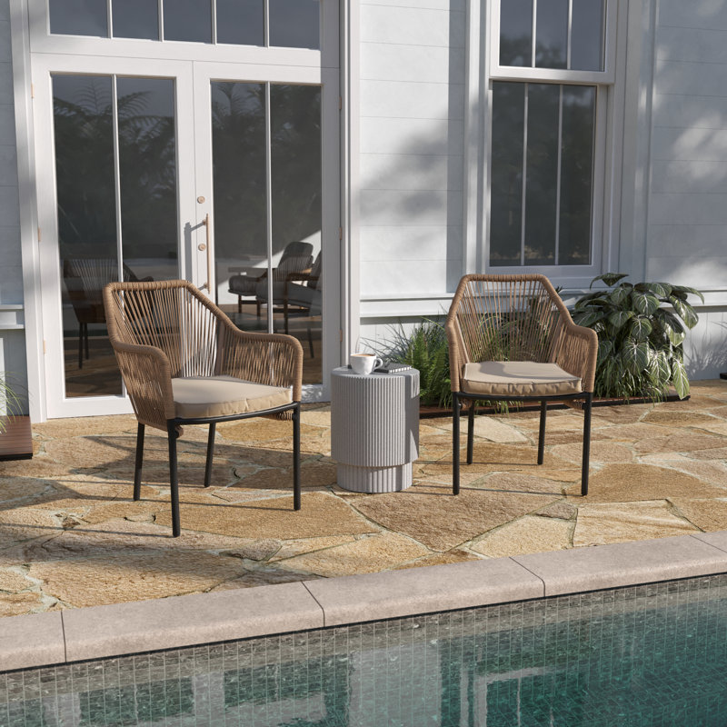 Natural Woven Metal Outdoor Dining Chairs with Cushions
