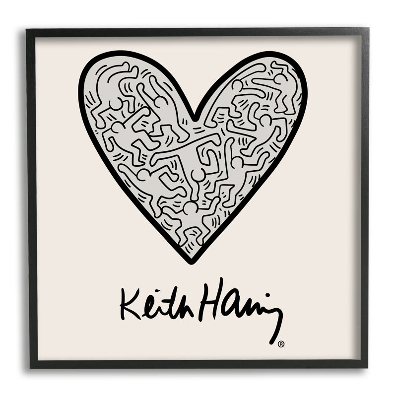 «Keith Haring People Inside Heart» par Ros Ruseva - impression, L 24 po x H 24 po, Giclée encadrée noir minuit