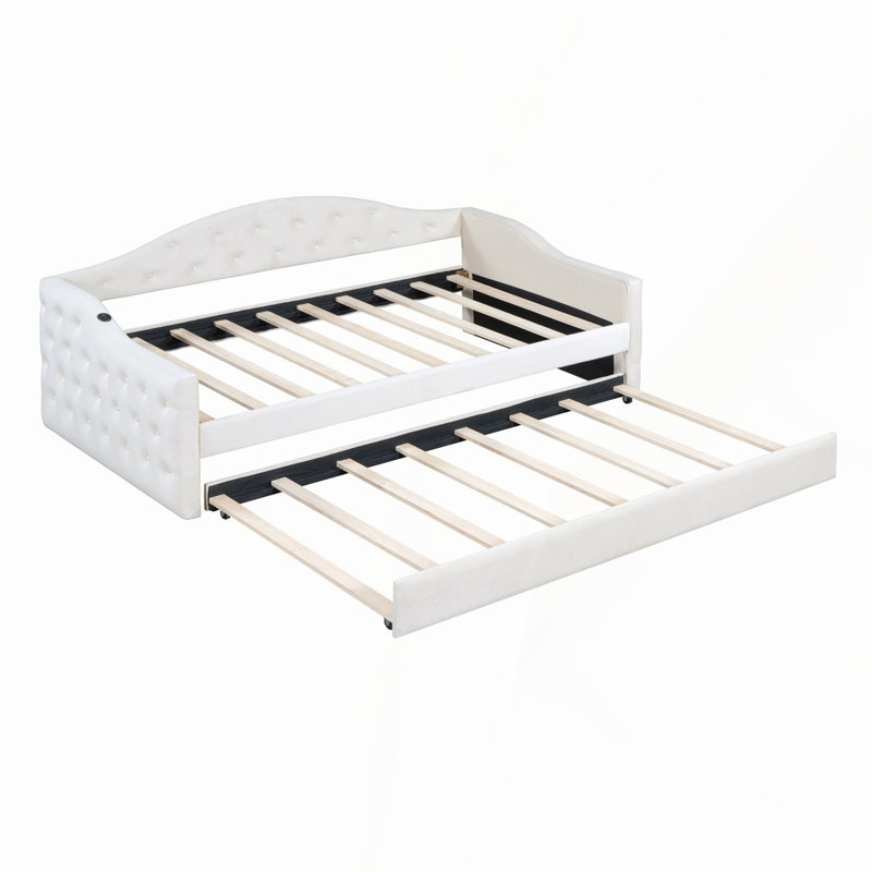 Twin Size Tufted Upholstered Daybed with Trundle, Velvet Sofabed with USB&Type-C Charging Ports, No Box-spring Needed, Beige
