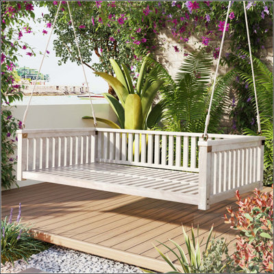 Minimalist Twin Size Garden Swing Bed with Acacia Wood Frame and Sloped Design – Black