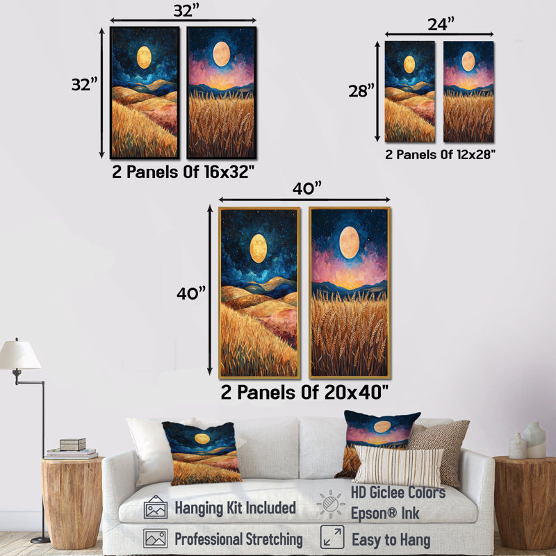 Paysage de ferme jaune et bleu, récolte de lune I - ensemble d'art mural de ferme 2 pièces, H 28 po x l 24 po, Brun