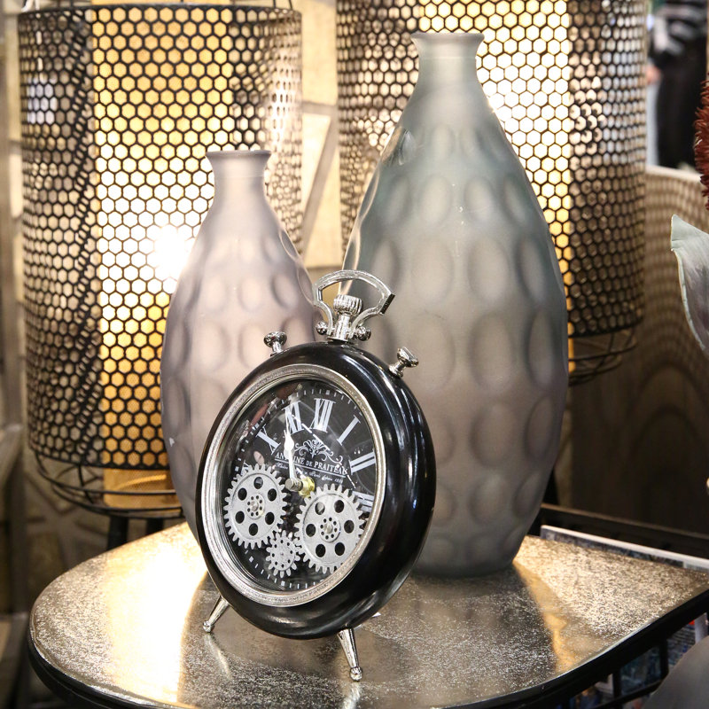 Roman Numeral Metal Mechanical Tabletop Clock in Black