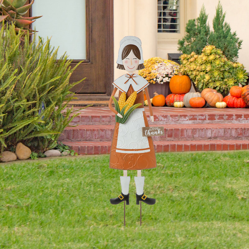 36"H Metal Thanksgiving Pilgrim Girl Yard Stake, Standing Decor or Hanging Decor (KD, Three function)