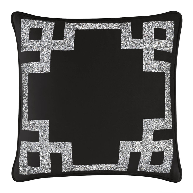 Coussin Sparkles Home Bordure argentée en strass | Velours | 16 x 16 po, Velours noir