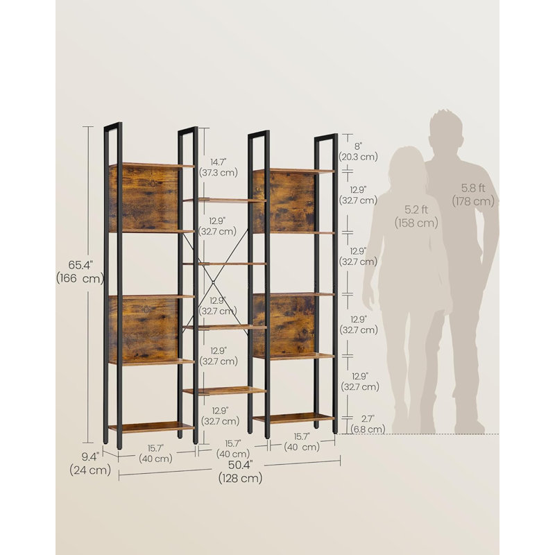 Bookcase, Bookshelf With 14 Shelves, Metal Frame, Shelf Unit For Living Room, Home Office, Industrial Style, 24 X 128 X 166 Cm, Rustic Brown