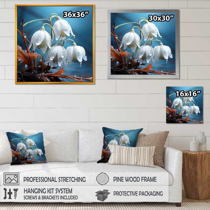 «Frost Snowdrop Flower Photo», reproduction d'art sur toile, H 16 po x l 16 po x P 1 po, Cadre simple noir