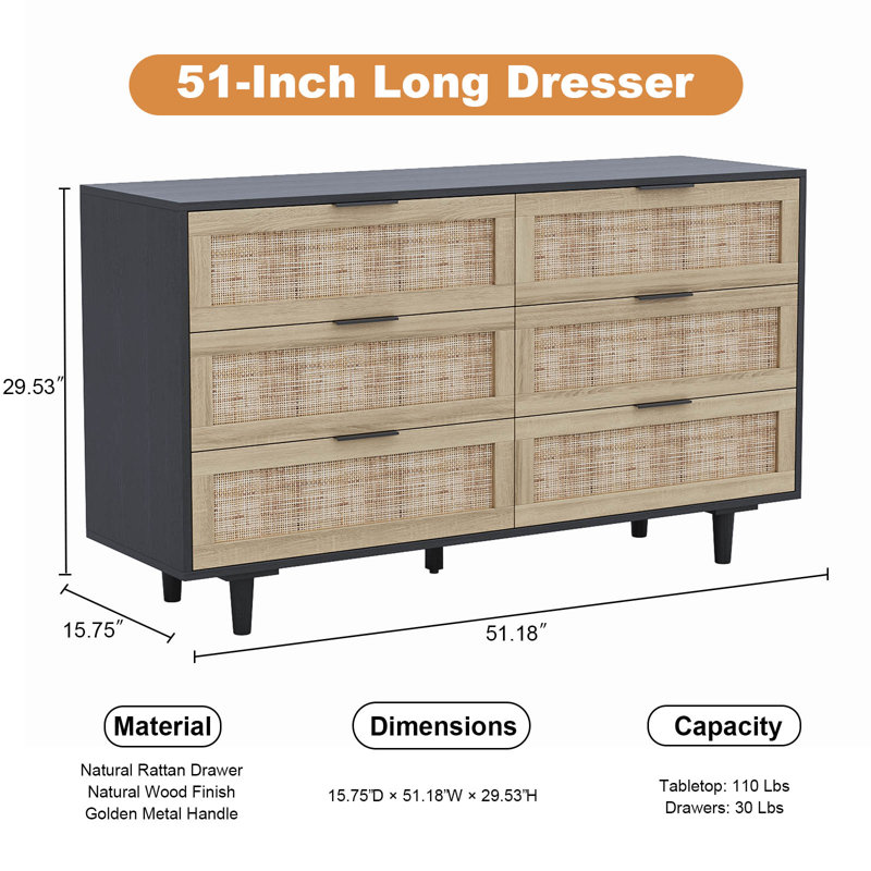 Aimara 51" Rattan 6 Drawer Dresser for Bedroom, Boho Wood Dresser with Gold Handles & Wood Legs