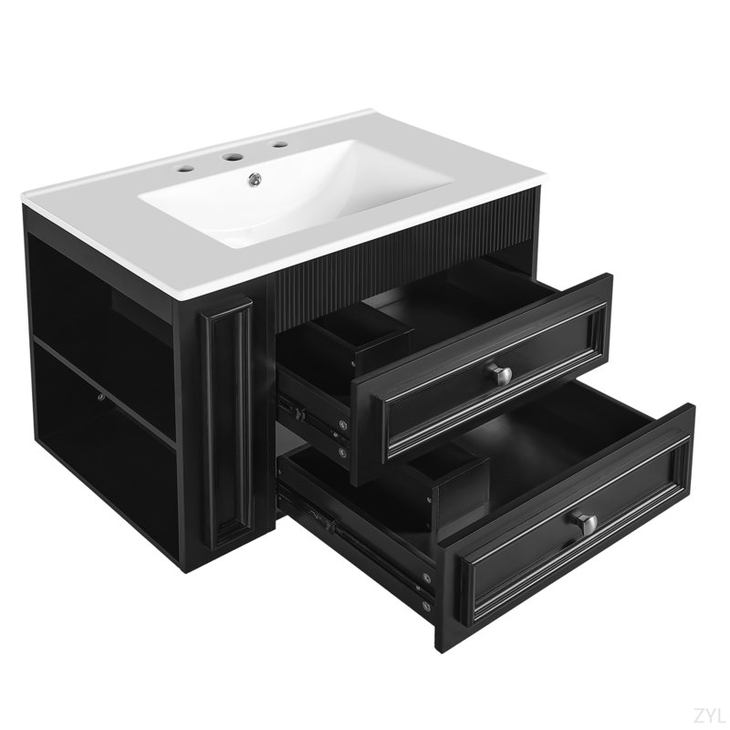 Meuble-lavabo mural de 30 po, armoire de rangement flottante avec 2 tiroirs, lavabo simple en céramique à 3 trous, armoire moderne.