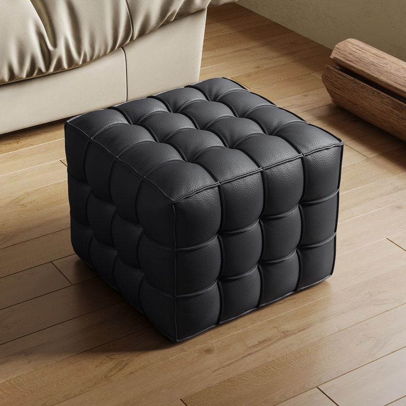 18" Wide Square Cube Ottoman - Genuine Leather Foot Rest Footstool, Modern Minimalist Sofa Stool for Living Room Bedroom Entryway