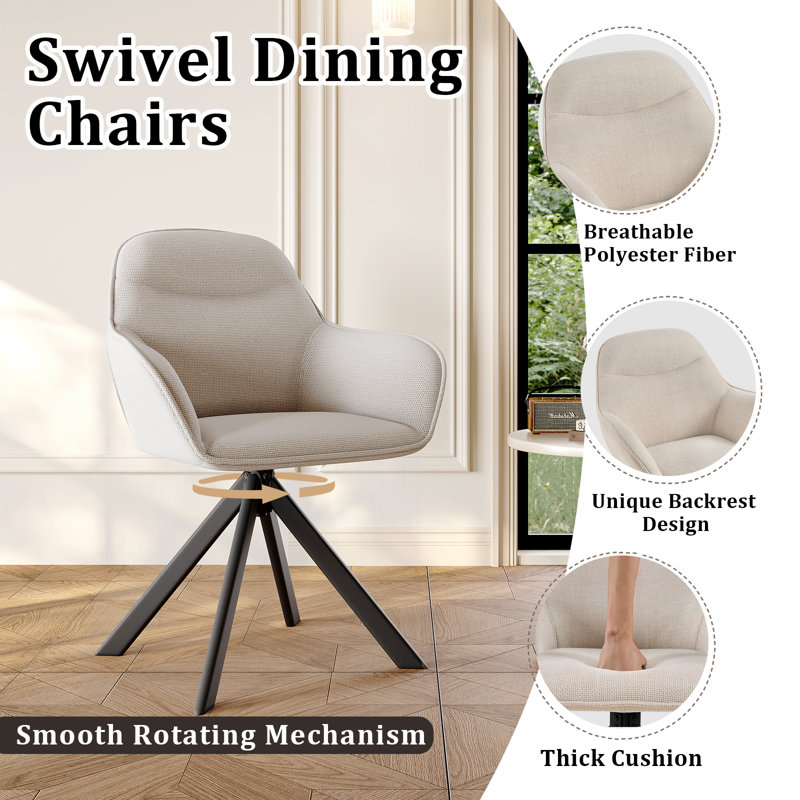 48.5cm H Swivel Upholstered Dining Chairs- Ergonomic Back, Beige Linen