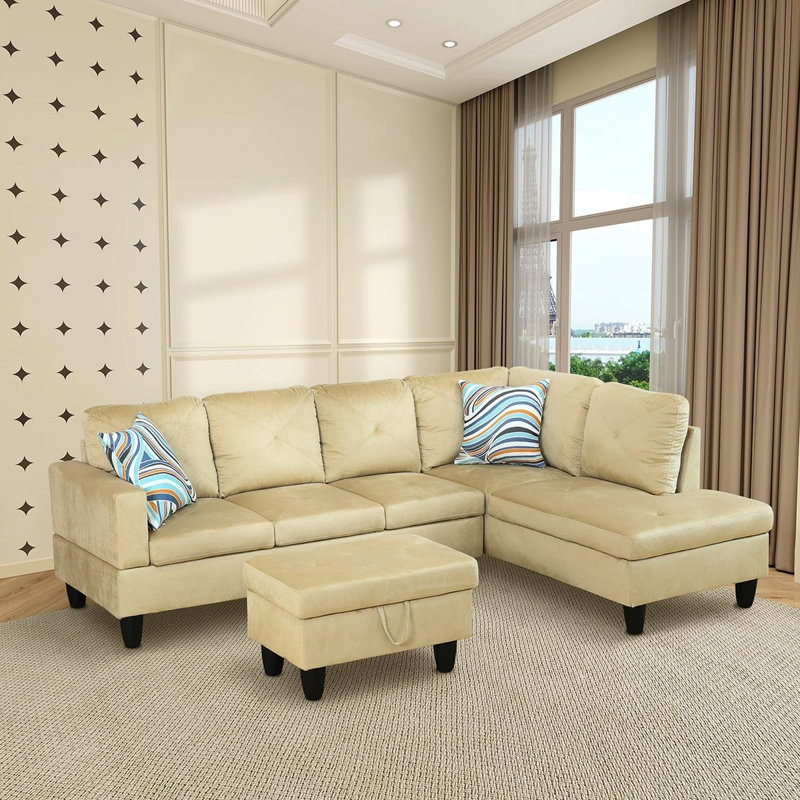 3-piece Microfiber Sectional Sofa, Right Hand Facing, Beige Microfiber