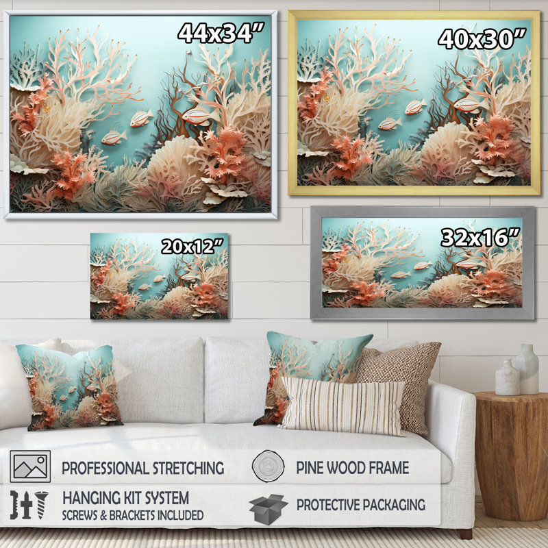 «Watercolor Fish Dance Collage», reproduction sur toile, Encadrement doré, H 24 po x l 32 po x P 1 po