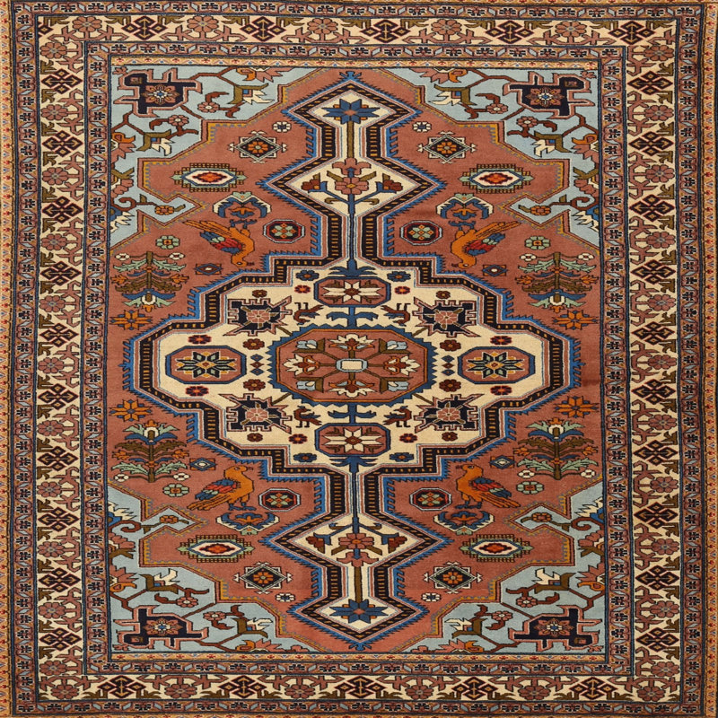 Tapis oriental orange / bleu, Carré 6 pi