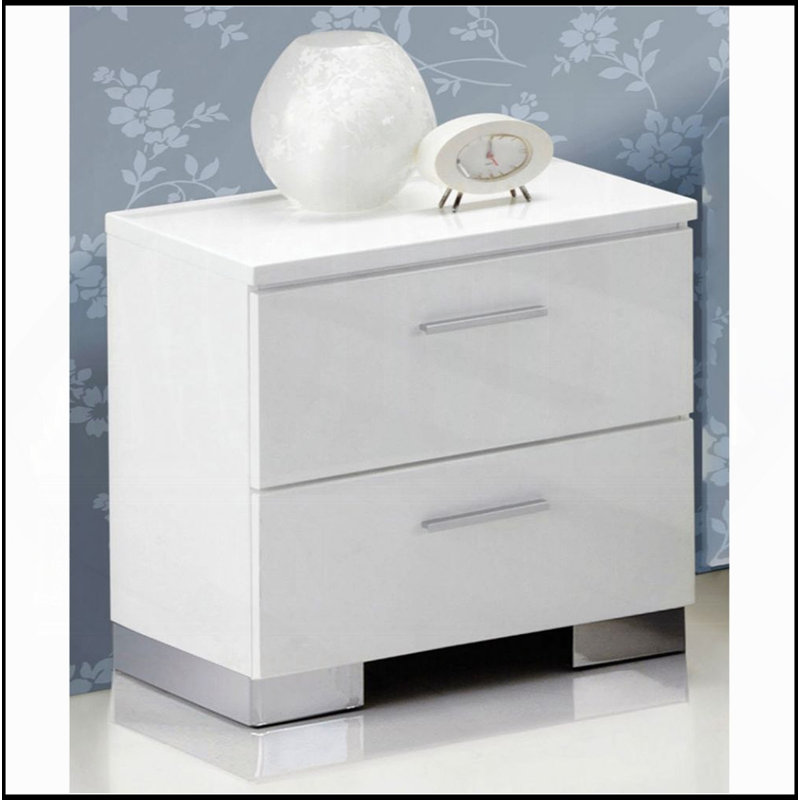 Table de chevet 2 tiroirs avec pieds chromés, blanc
