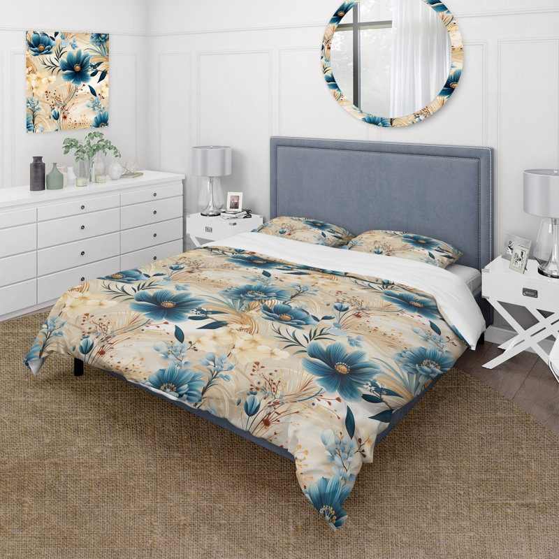 Literie à fleurs beige et bleue, Housse de couette simple + 1 taie décorative stan