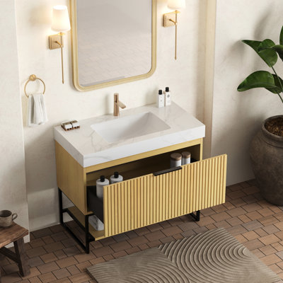 Meuble-lavabo de salle de bain 36 po avec comptoir en pierre frittée blanche, lavabo rectangulaire encastré en céramique, armoire de rangement en contreplaqué rayé, glissières de tiroir, surface en chêne, lavabo, tablette ouverte, finition