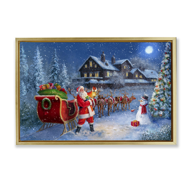 «Santa Snowy Night View» par Grateful Licensing, Cadre flottant métallique doré, H 17 po x l 25 po