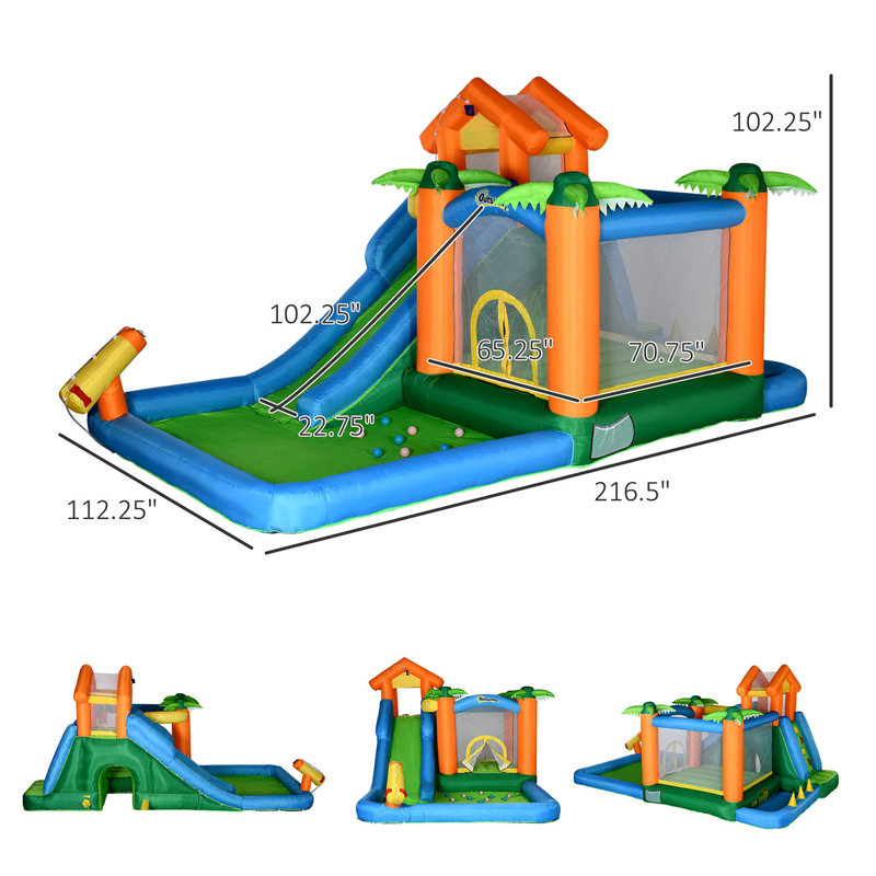 6-In-1 Tropical Inflatable Water Slide Summer Theme Jumping Castle Includes Floating Ball Slide Trampoline Pool Cannon Climbing Wall With Carry Bag, Repair Patches And 450W Air Blower