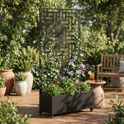 Grand lit de jardin surélevé en métal avec treillis intégré et écran d'intimité, avec trous de drainage et roues verrouillables pour une plantation et une décoration extérieures polyvalentes