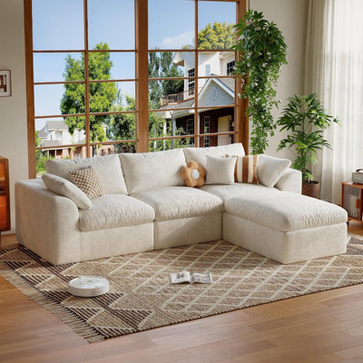 108" Boneless L-Shaped Modular Cloud Sectional Sofa with Ottoman, Mousse Velvet, Dual Layer Foam, Movable Backrests, No Assembly,White