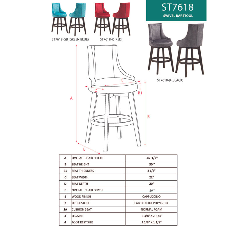 Tabouret de bar et de comptoir pivotant Midhurst, Rouge, Tabouret de bar (assise de 30 po de hauteur)