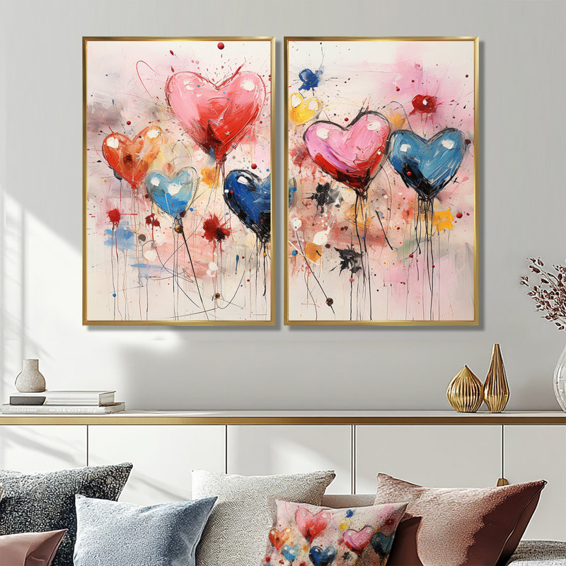 Rose et bleu cœur Pop Art 1 - Art mural rose 2 pièces, 36" H x 48" W, Impression encadrée flottante, Gold