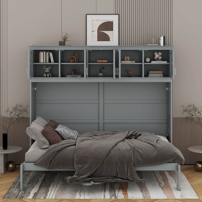 Murphy Bed Wwith Top Cabinets, Gray, Queen