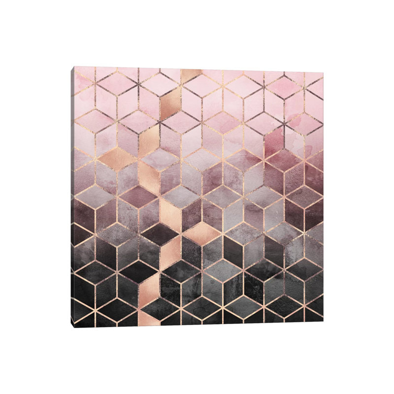 Pink And Grey Cubes by Elisabeth Fredriksson - Wrapped Canvas Print, 45.72 cm H x 45.72 cm W x 3.175 cm D, Black Framed