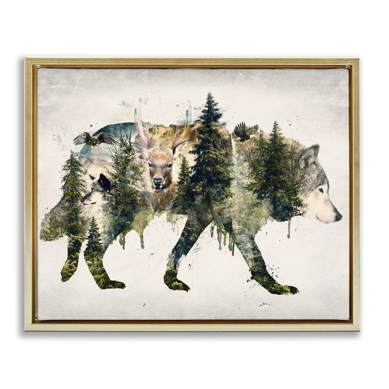 Cadre flottant Woodland Wildlife Wolf, par Barrett Biggers, H 17 po x l 21 po, Cadre flottant métallique doré