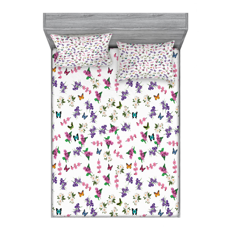 Ambesonne Fitted Sheet & Sham Set, Queen Sheet Set with 2 Pillowcases, Pink/White/Purple Floral 4