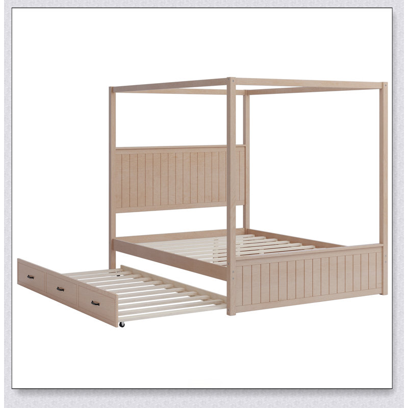 Modern Canopy Platform Bed With Trundle And Three Storage Drawers,4-Post Solid Wood Bed Frame With Headboard,No Box Spring Needed