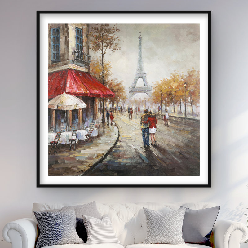 Couple marchant dans la rue Paris - impression encadrée avec passe-partout