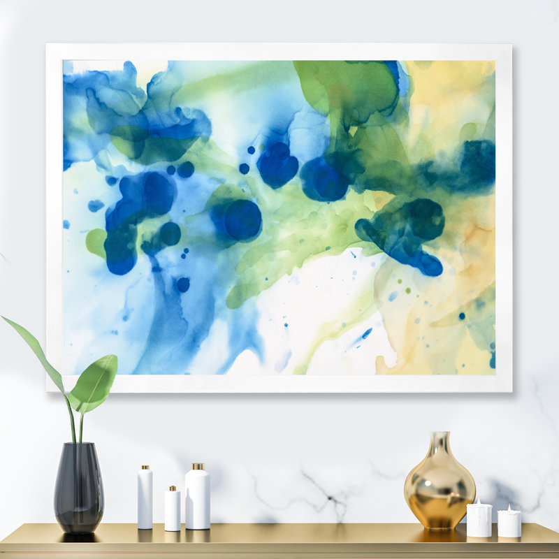 Encre verte, éclaboussures bleues et œuvres d'art sur toile moderne, H 34 po x l 44 po x P 1,5 po, Cadre photo blanc