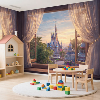 Peel and Stick Wallpaper 96" L x 69" W Modern Self Adhesive Wall Mural for Bedroom Fairy Tale Castle Carousel Viewed Rustic Window Soft Sunset Lighting