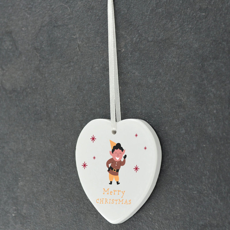 Xmas Merry Christmas Elf Heart Shaped Ceramic Ornament