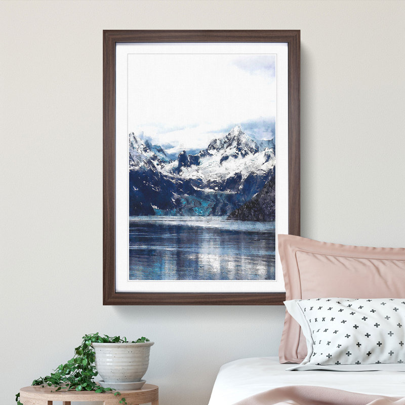 Snow Covered Mountains in Juneau Alaska - Picture Frame Painting Print, 87cm H x 62cm W x 2cm D, Walnut Framed