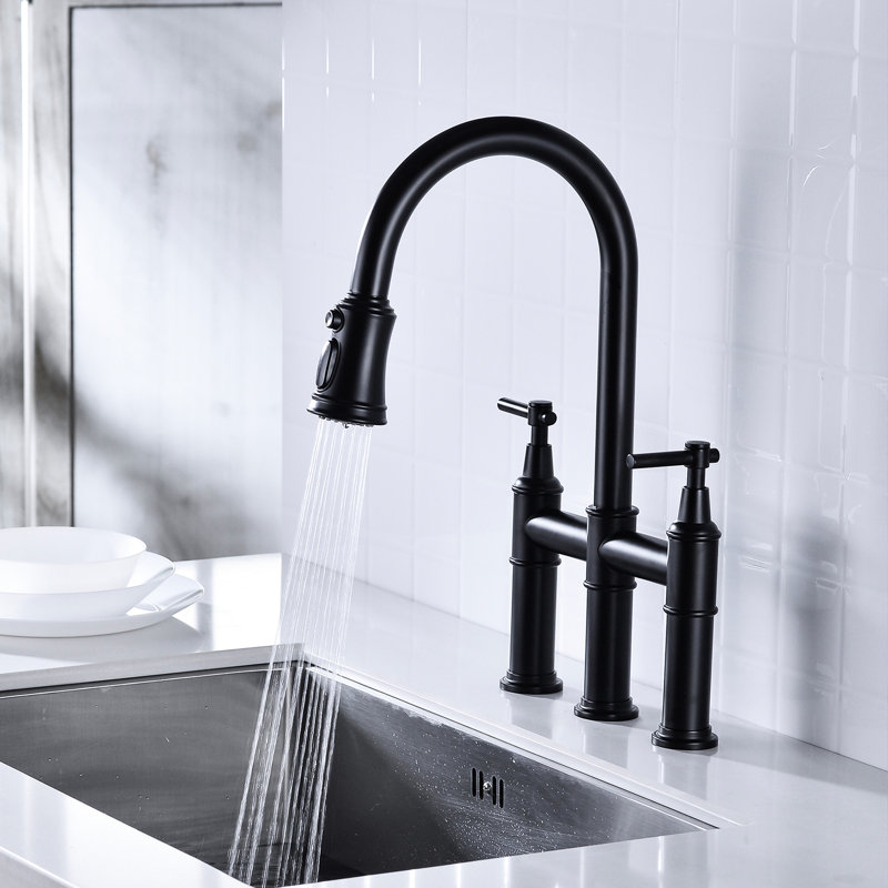 Matte Black Bridge Kitchen Faucet With Pull-Down Functionality - Dual Handle For Precise Flow And Temperature Adjustment 360 Rotating High Nozzle Enhanced Sink Space Quality Brass Material Durability
