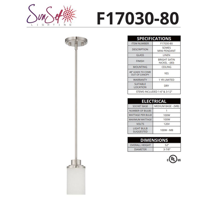 Bristol 1 - Light Single Pendant, Bright Satin Nickel