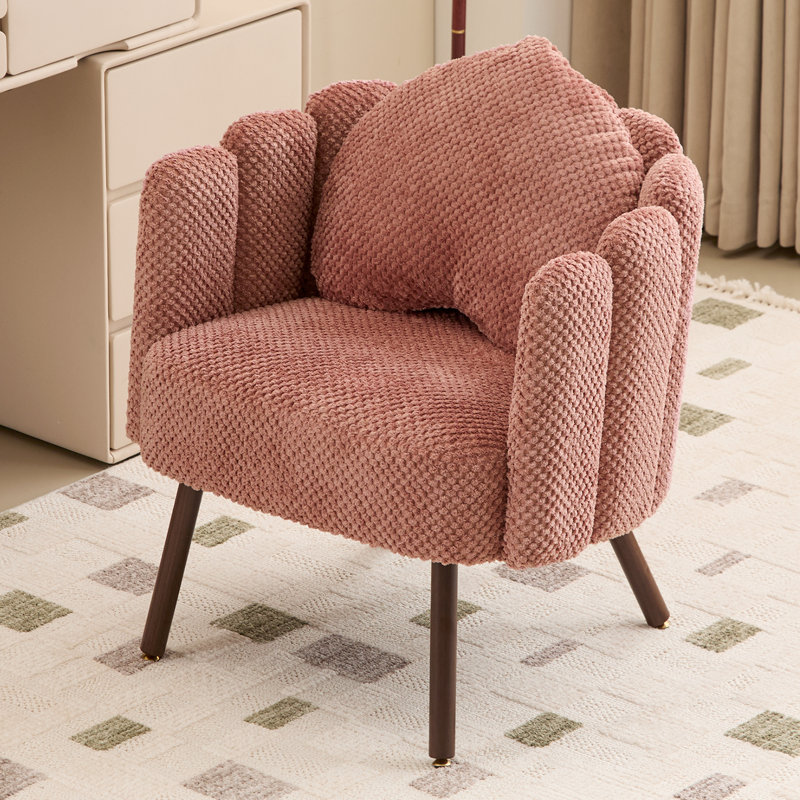 24" Wide Cute Petal Vanity Chair with Detachable Back and Heart-shaped Pillow, Upholstered Accent Chair for Bedroom, Pink